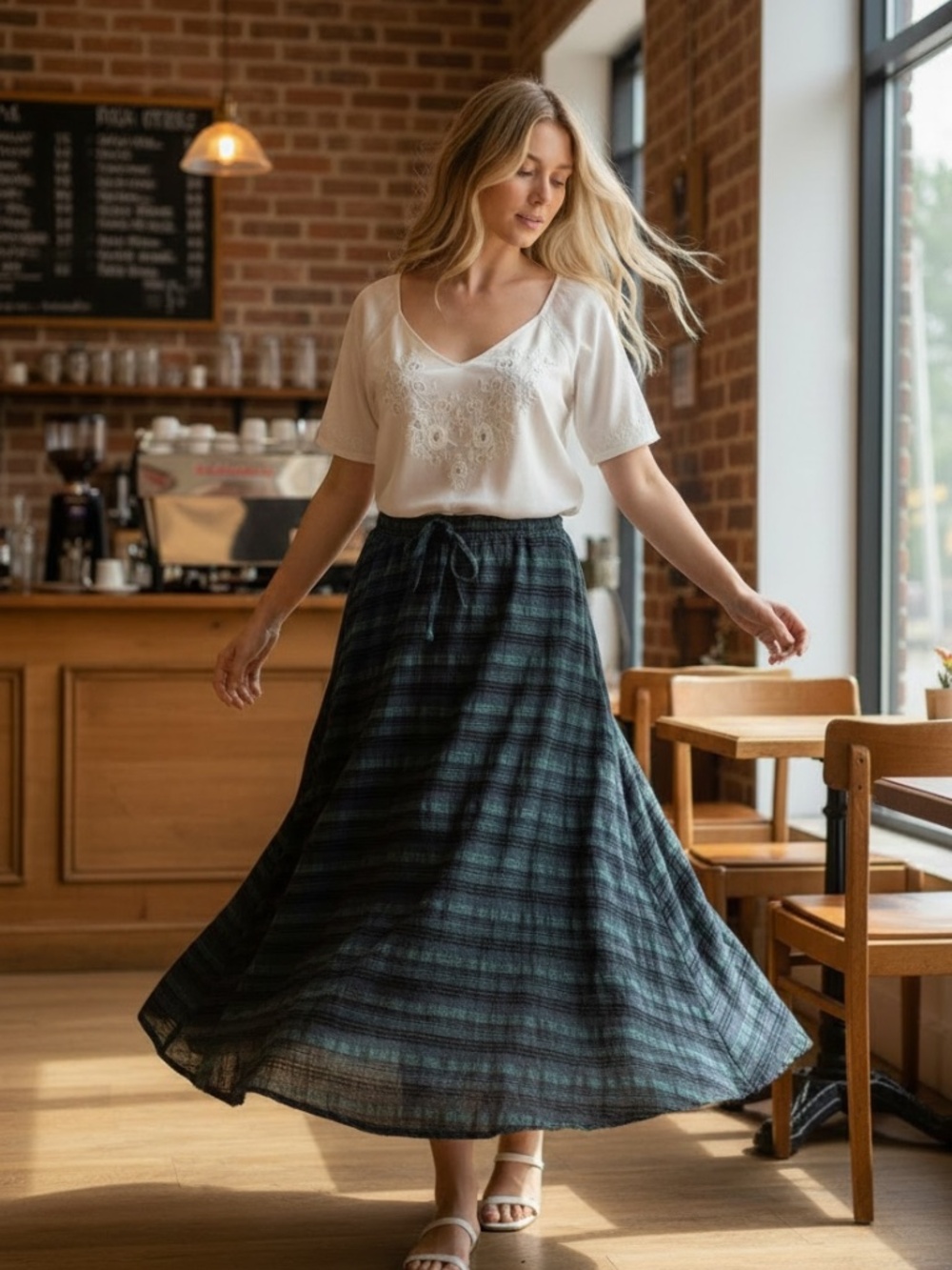 🇨🇦 Unique A line teal and navy maxi skirt handmade in Montreal - Picture 7 of 7